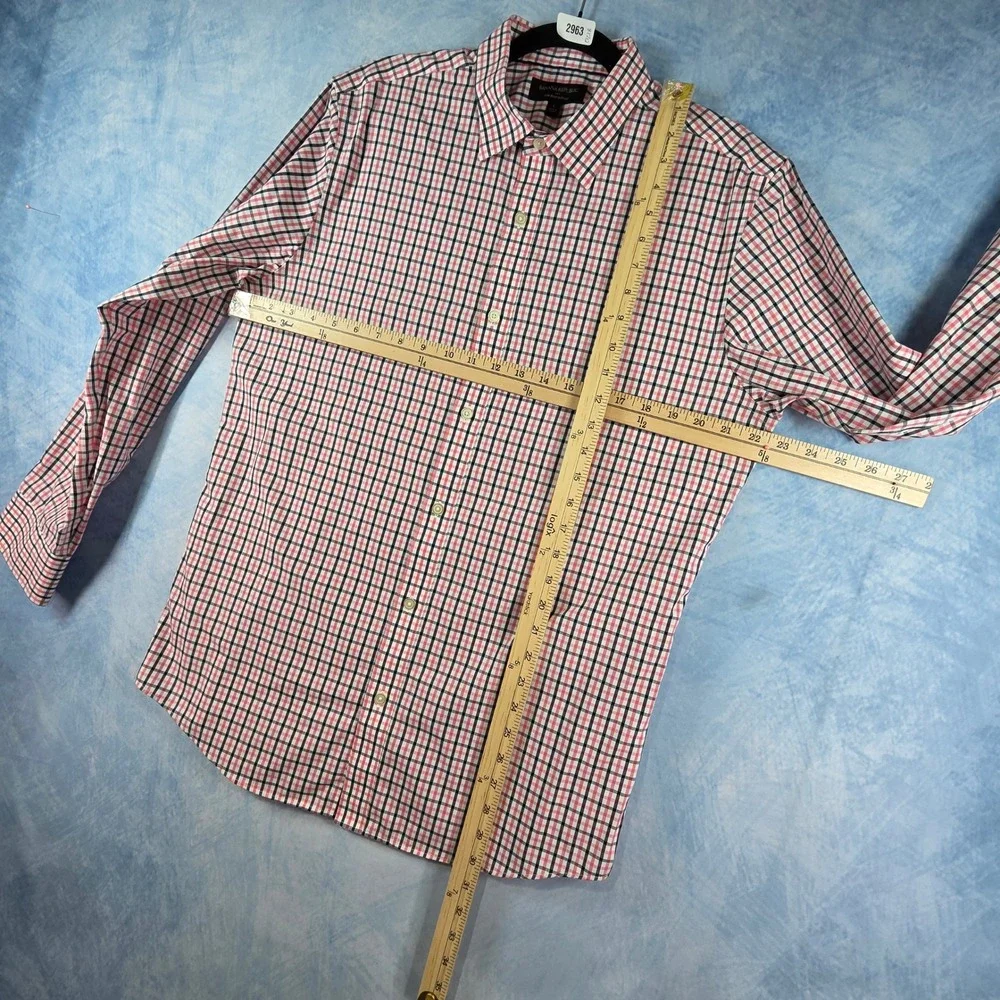 Banana Republic Mens Non-Iron Slim Fit Shirt‎ L Red Navy Tattersall Check Plaid